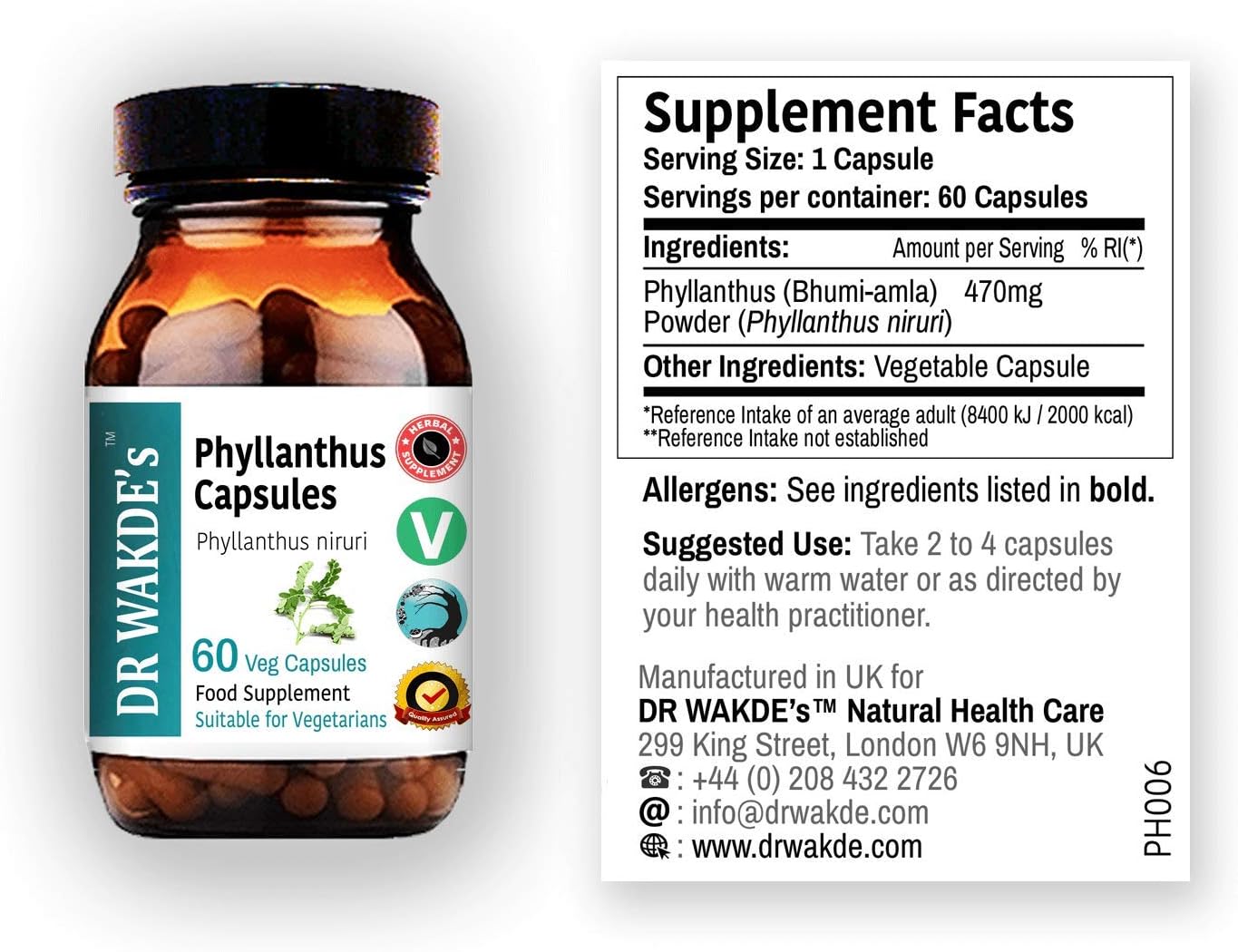 DR WAKDE's Phyllanthus Capsules (Bhumi-amla/Bhumyamalaki) - 100% Herbal Ayurvedic Supplement, 60 Vegan Capsules - görsel 1