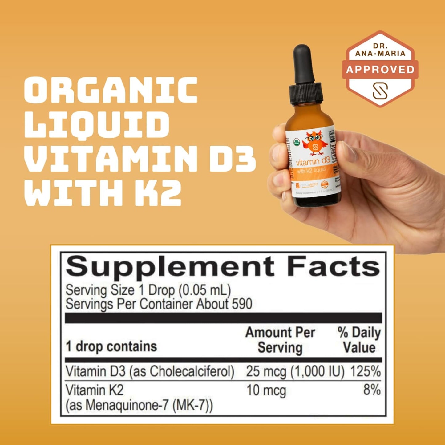 Serawise Organic Liquid Vitamin D3 with K2 by Dr. Ana Maria Temple | Supports Strong Bones and Immune Health | USDA Certified Organic | Olive Oil Base for Enhanced Absorption | 1 Fl Oz - görsel 2