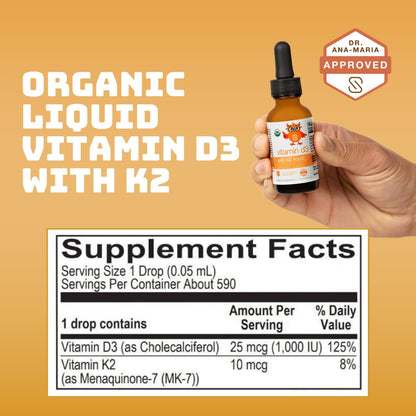 Serawise Organic Liquid Vitamin D3 with K2 by Dr. Ana Maria Temple | Supports Strong Bones and Immune Health | USDA Certified Organic | Olive Oil Base for Enhanced Absorption | 1 Fl Oz