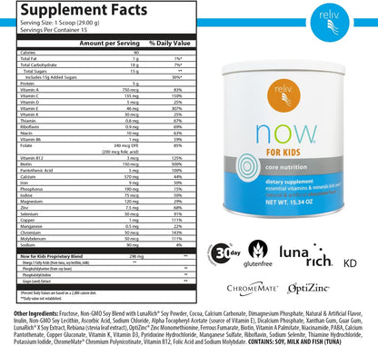 RELIV Now for Kids Chocolate Nutritional Shake with Essential Vitamins, Minerals and Protein, 15 Servings
