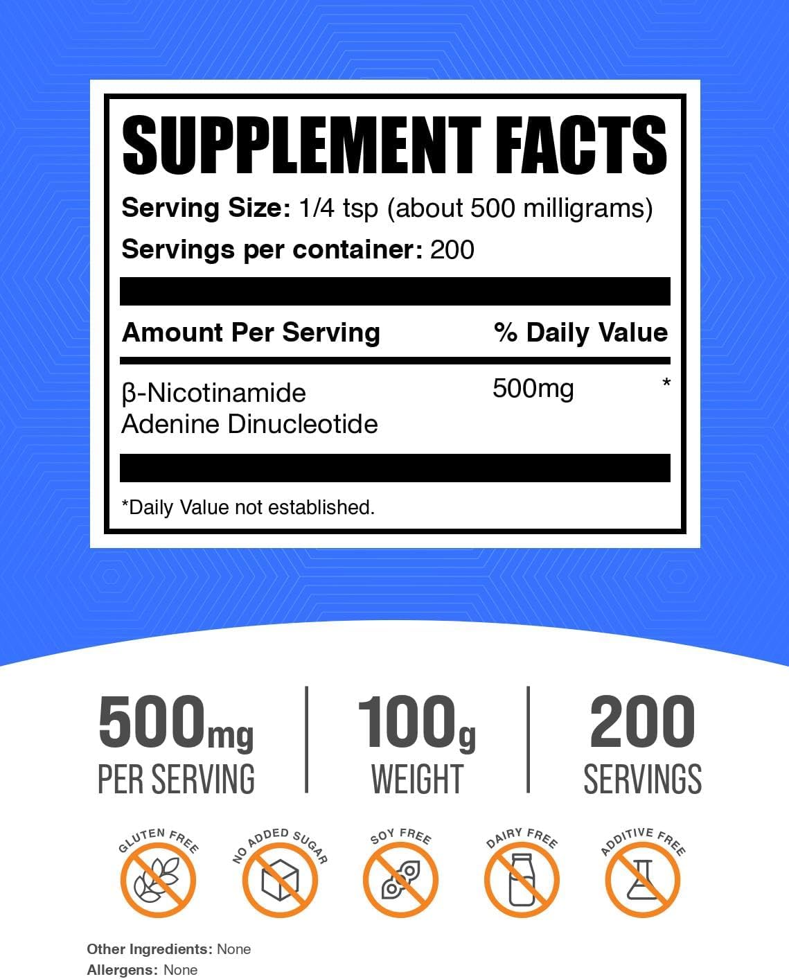 BulkSupplements.com NAD Powder - Nicotinamide Adenine Dinucleotide, NAD Supplement 500mg - for Energy Support, Pure & Gluten-free, 500mg per Serving, 100g (Pack of 1) - görsel 2