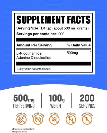 BulkSupplements.com NAD Powder - Nicotinamide Adenine Dinucleotide, NAD Supplement 500mg - for Energy Support, Pure & Gluten-free, 500mg per Serving, 100g (Pack of 1)