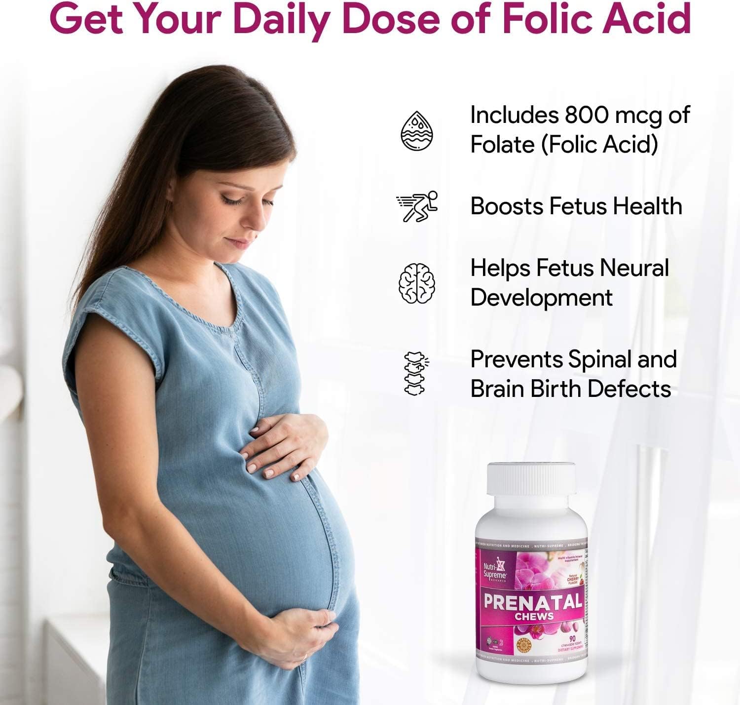 Nutri Supreme Prenatal Vitamin, Chewable Prenatal Vitamins for Women with 800 mcg of Folate, Complete Pregnancy Multivitamin with Iron, Kosher, Cherry Flavour, 90 Count - görsel 4