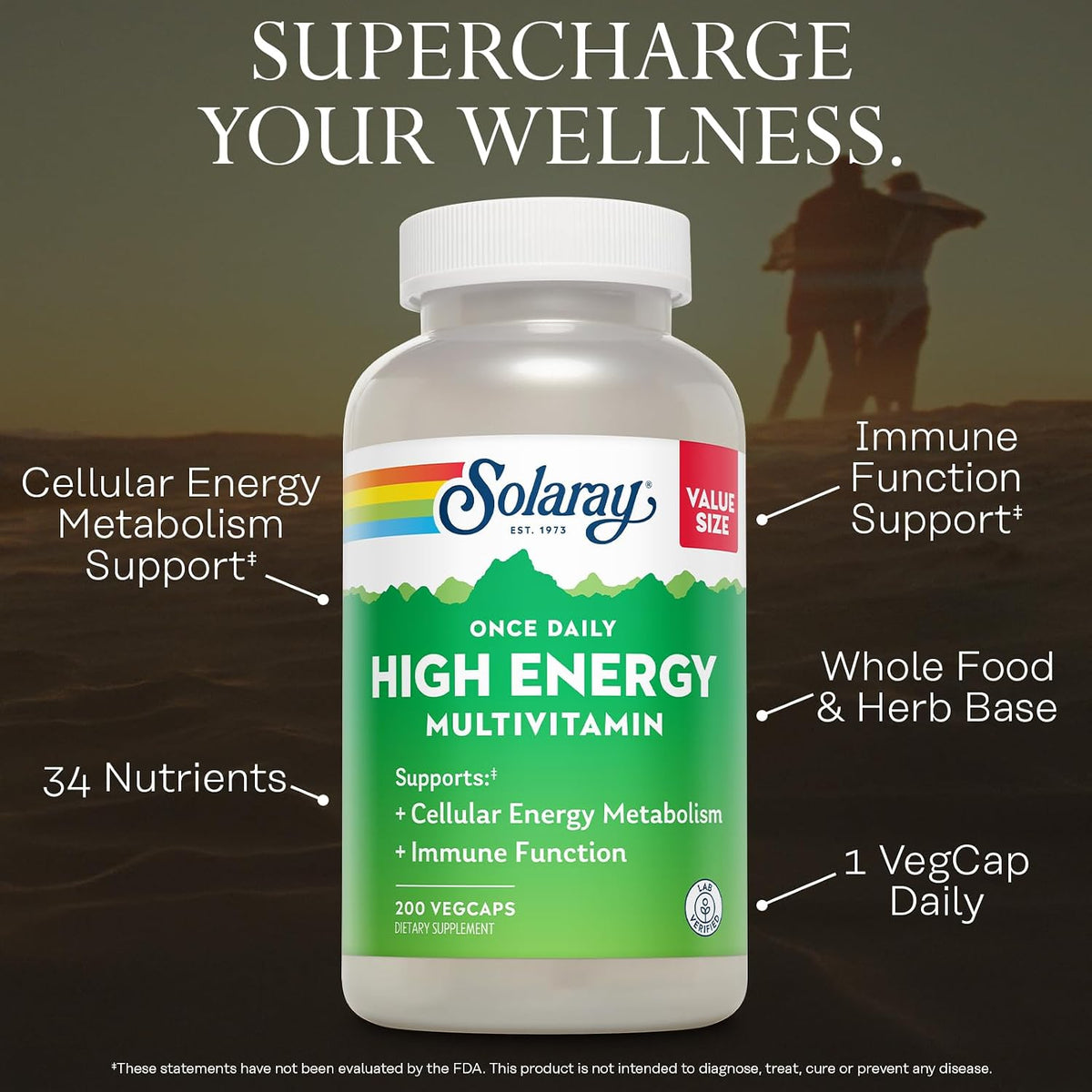SOLARAY Once Daily High Energy Multivitamin for Women and Men – with Vitamin C, Vitamin D and Whole Food & Herb Base – Cellular Energy Metabolism & Immune Function Support – 200 Servings, 200 Veg Capsules - görsel 3
