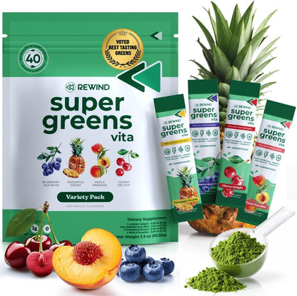 Rewind Best Tasting Super Greens Powder – Peach Flavour (40+ Superfoods, Vitamins & Minerals)