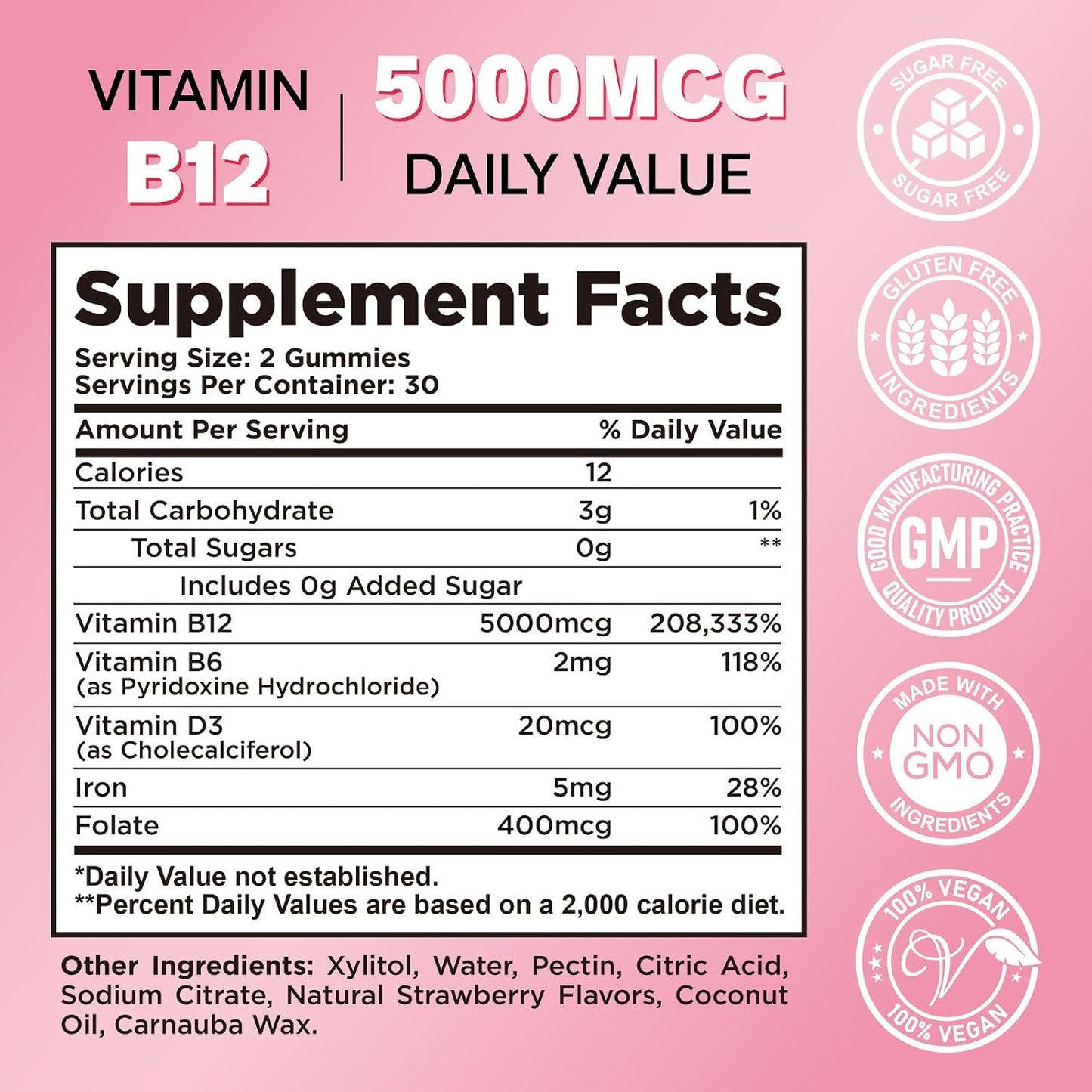 Vitamin B12 Gummies with Methylcobalamin, B6, D3, Iron & Folate - 5000mcg - Sugar-free Strawberry - Vegan & Non-GMO - görsel 2