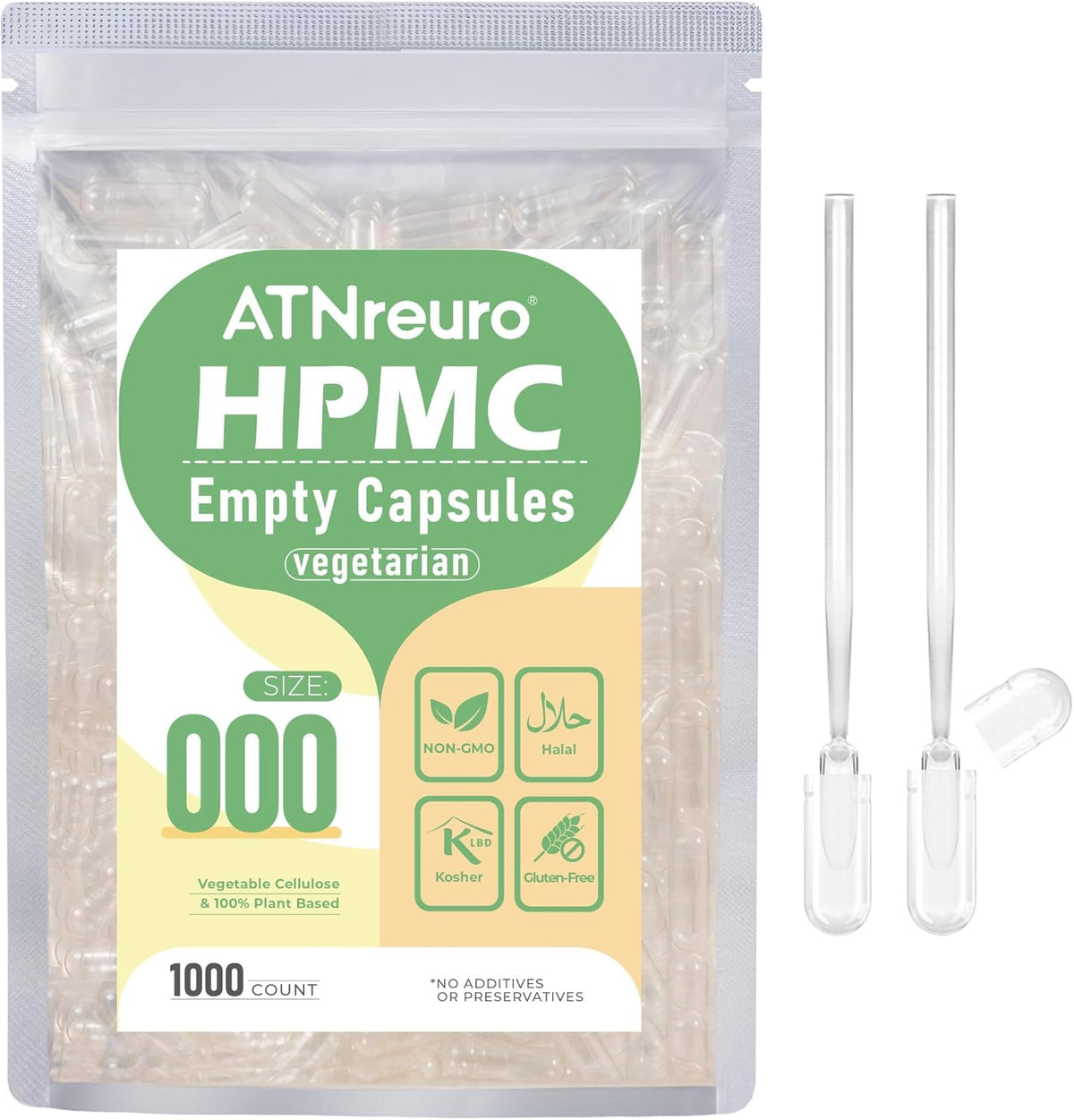 ATNreuro 000 Empty Vegan Capsules with 2 Micro Spoons – 1000 Count Empty Vegetarian Capsules for Powder Supplements - görsel 1