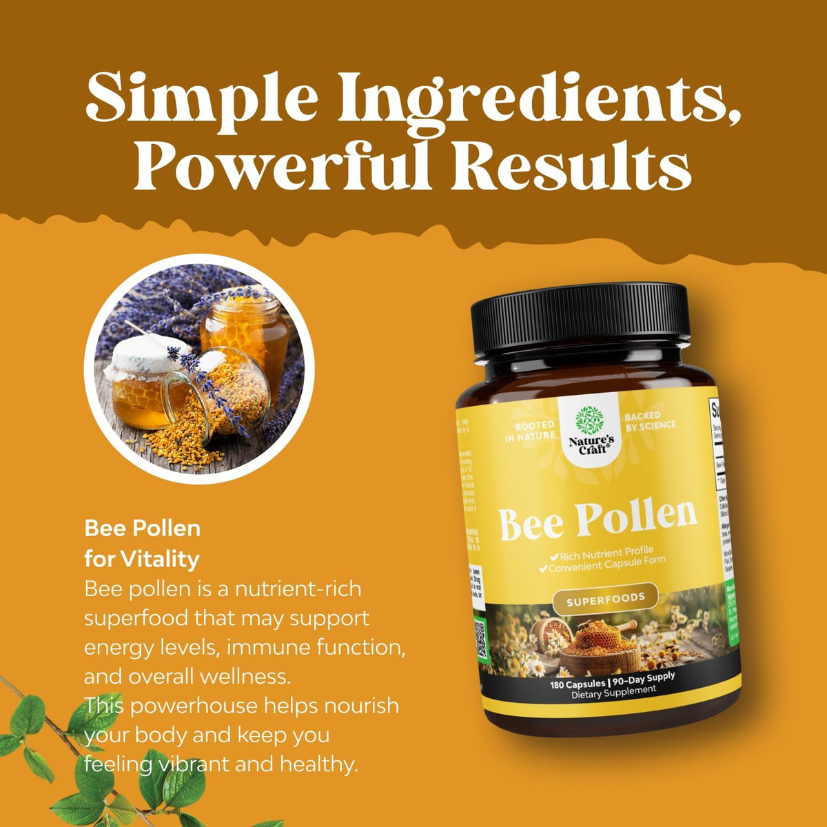 Natures Craft Bee Pollen Pills – 180 Capsules (1000mg per Serving) – Vegetarian, Non-GMO, Gluten-free Supplement - görsel 4