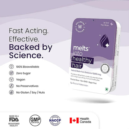 Wellbeing Nutrition Melts Healthy Hair (30 Oral Thin Strips) with Plant Based Biotin, Zinc, Bamboo Extract, Folic Acid for Hair Nourishment, Strength and Thickness