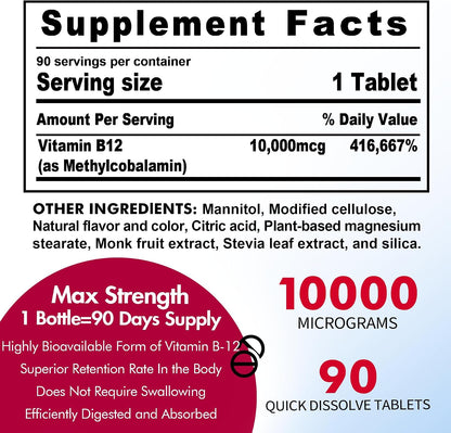 Methylated Vitamin B12 10,000 mcg Sublingual Tablets – Natural Strawberry Flavour, 180 Count