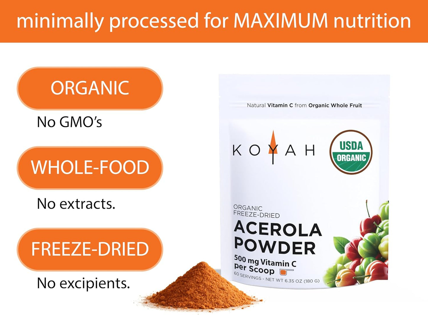 Organic Acerola Powder, Freeze-Dried: 60 Servings | 500 mg Natural Vitamin C from Whole-Food - görsel 3