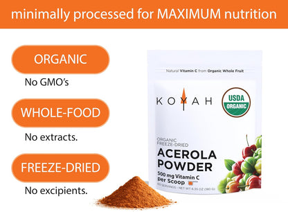 Organic Acerola Powder, Freeze-Dried: 60 Servings | 500 mg Natural Vitamin C from Whole-Food