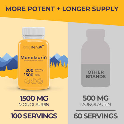 LongLifeNutri Monolaurin 1500mg - 200 Vegetarian Capsules, 100-Day Supply