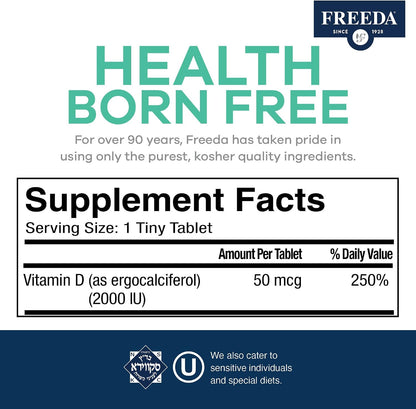 FREEDA Vitamin D2 2000 IU – Vegan Vitamin D for Bone Strength and Immune Support – 100 Small Tablets