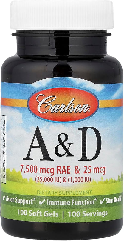Carlson Labs Vitamin A and D, 25,000/1,000 IU, 100 Softgels