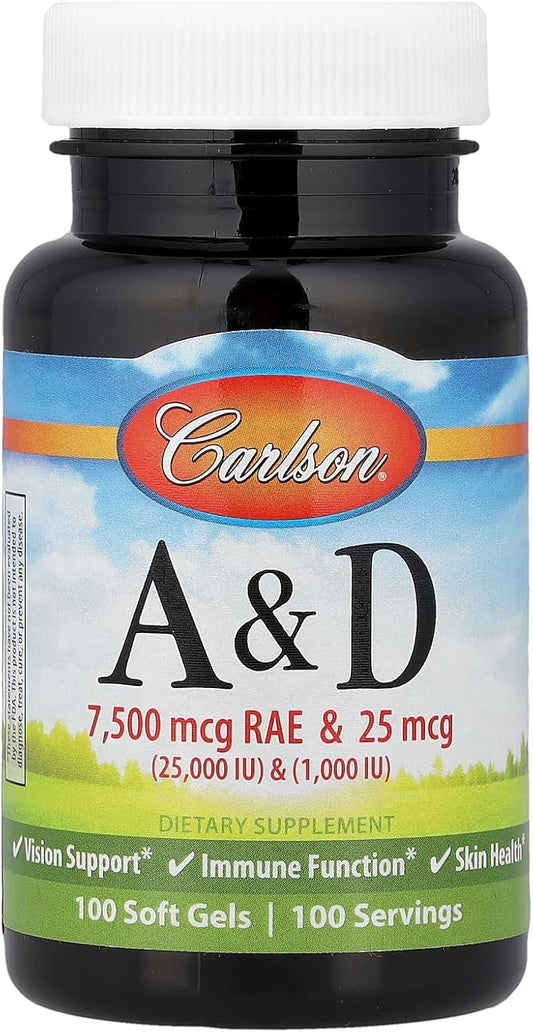 Carlson Labs Vitamin A and D, 25,000/1,000 IU, 100 Softgels