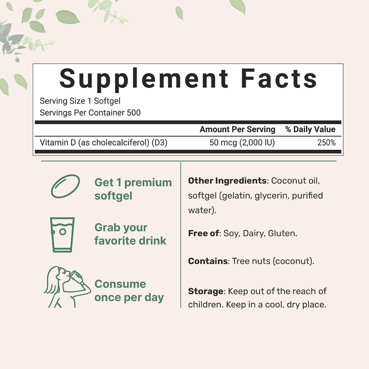 Micro Ingredients Vitamin D3 2,000 IU, 500 Soft gel capsules | Virgin Coconut Oil | Cholecalciferol Form | Bone, Immune & Heart Support | Easy to Swallow, Non-GMO - görsel 2