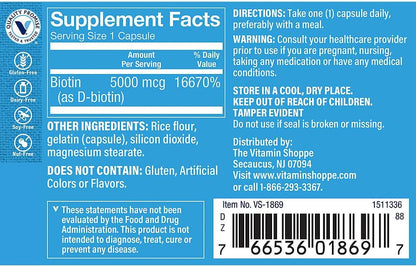 The Vitamin Shoppe Biotin 5,000mcg - Hair, Skin & Nail Support, High Strength B Vitamin (120 Capsules)