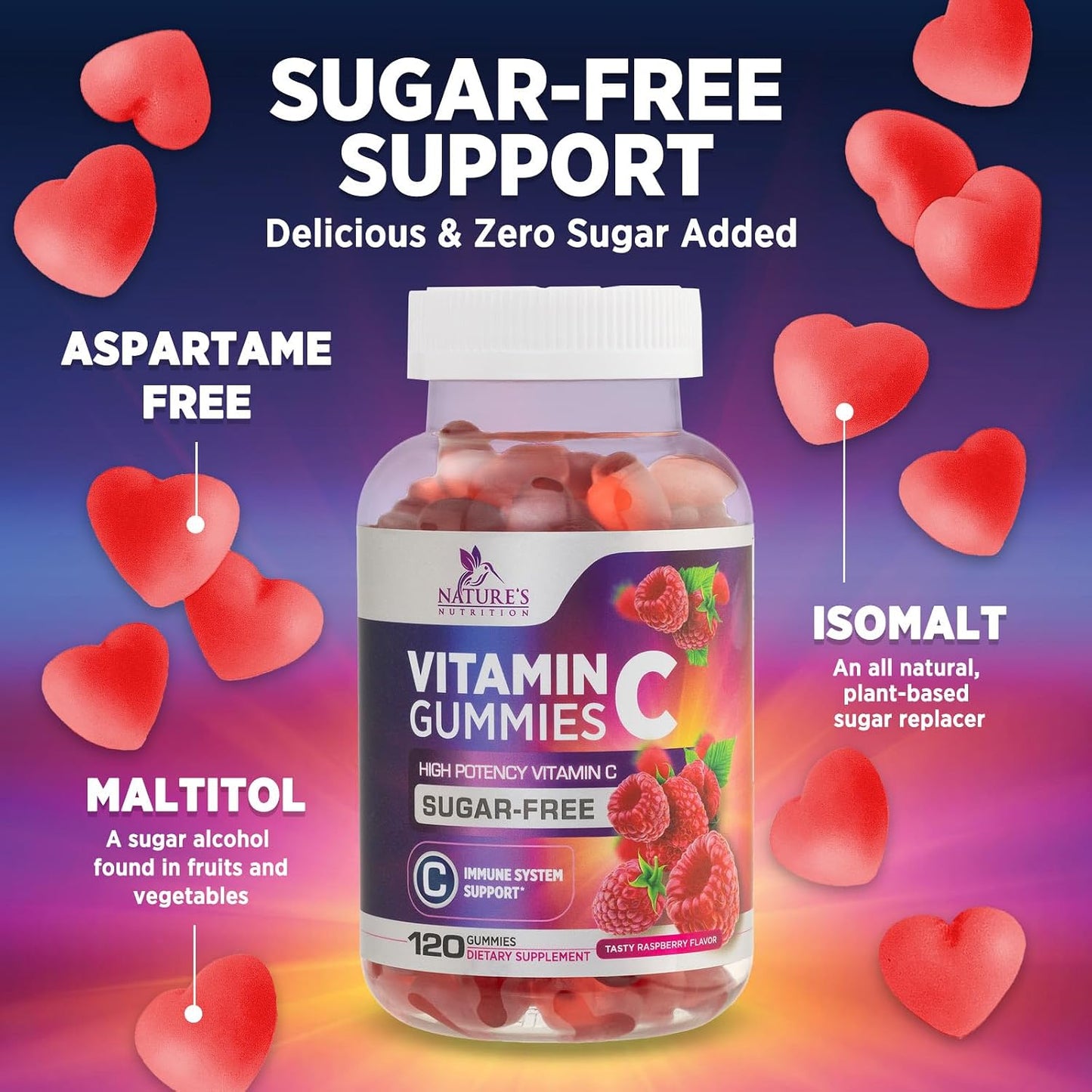Zero Sugar Vitamin C Gummies - Immune Support and Antioxidant Vitamin C Food Supplement - Vegan, Non-GMO, Dairy and Gluten-free - Raspberry Flavour for Kids and Adults - 120 Count - görsel 7