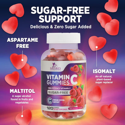 Zero Sugar Vitamin C Gummies - Immune Support and Antioxidant Vitamin C Food Supplement - Vegan, Non-GMO, Dairy and Gluten-free - Raspberry Flavour for Kids and Adults - 120 Count