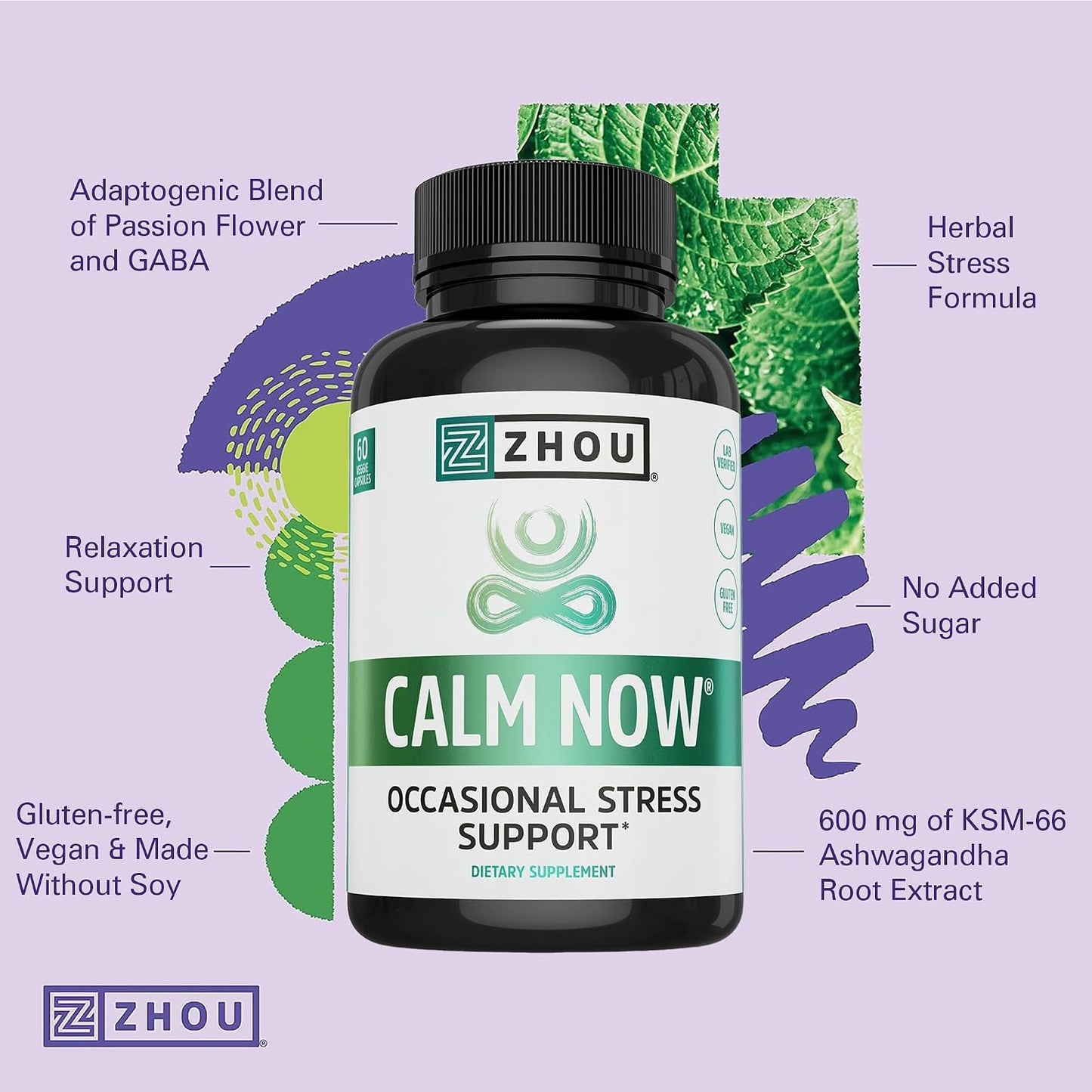 Zhou Calm Now – Calm Supplement with GABA & Ashwagandha, 60 Vegetarian Capsules - görsel 3