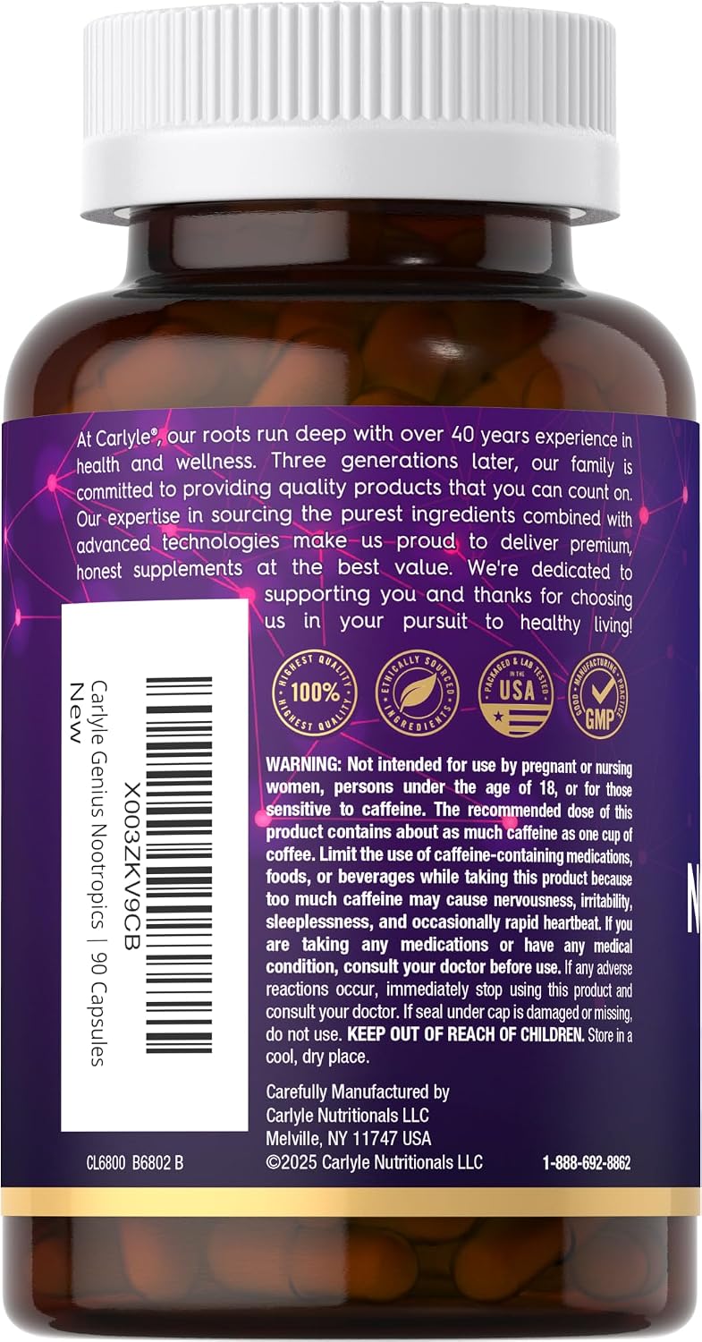 Carlyle Brain Nootropic Supplement | 90 Capsules | with Caffeine, B12, and Guarana Extract | Non-GMO & Gluten-Free - görsel 3
