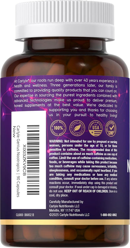 Carlyle Brain Nootropic Supplement | 90 Capsules | with Caffeine, B12, and Guarana Extract | Non-GMO & Gluten-Free