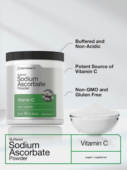 Horbäach Buffered Sodium Ascorbate Vitamin C Powder | 454 g | Vegan, Non-GMO, and Gluten-free Food Supplement