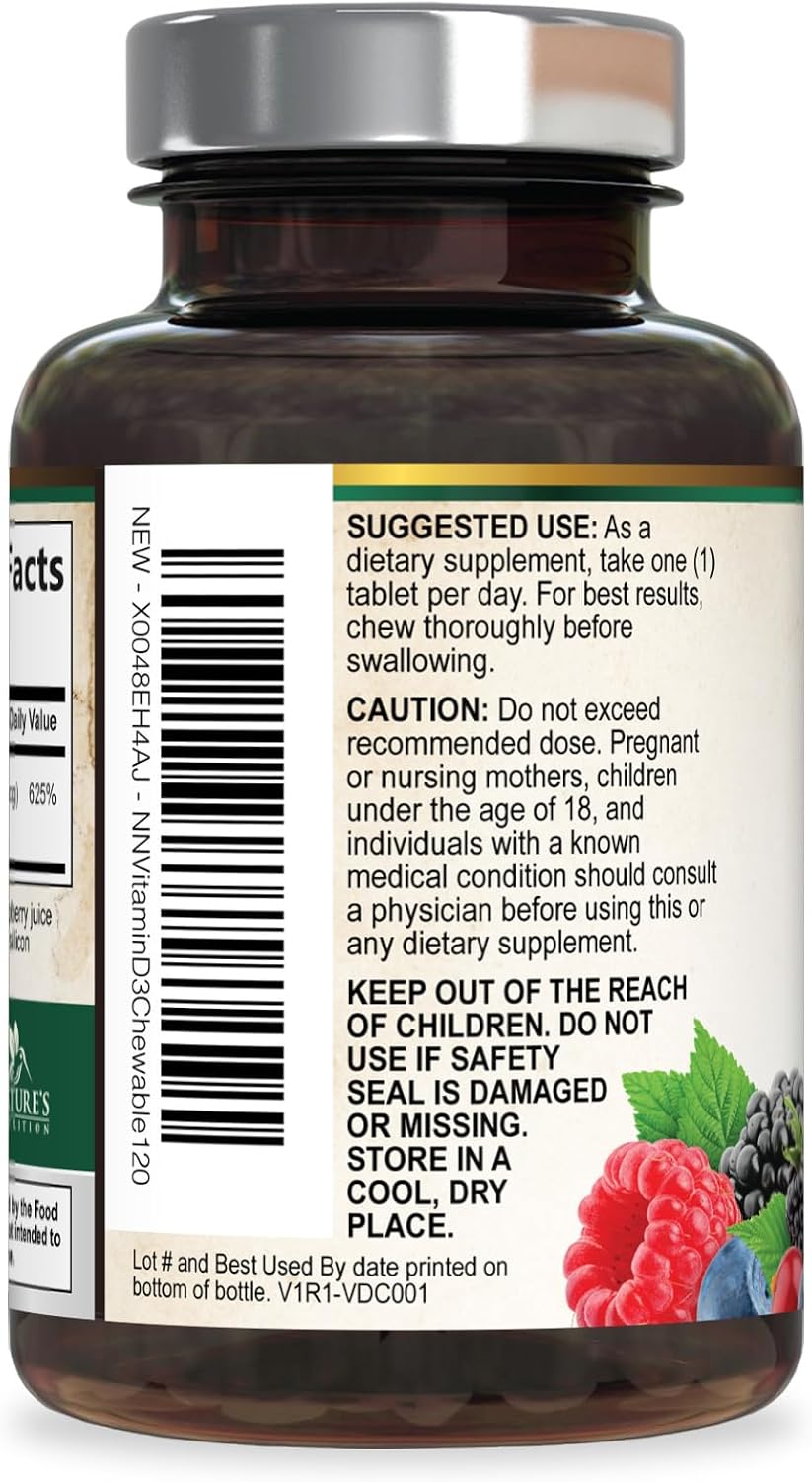 Nature's Nutrition Vitamin D3 5000 IU (125 mcg) Chewable Tablets – Extra Strength for Immune, Bone & Muscle Support – Sugar-Free, Gluten-free – 120 Count - görsel 8