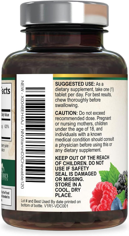 Nature's Nutrition Vitamin D3 5000 IU (125 mcg) Chewable Tablets – Extra Strength for Immune, Bone & Muscle Support – Sugar-Free, Gluten-free – 120 Count