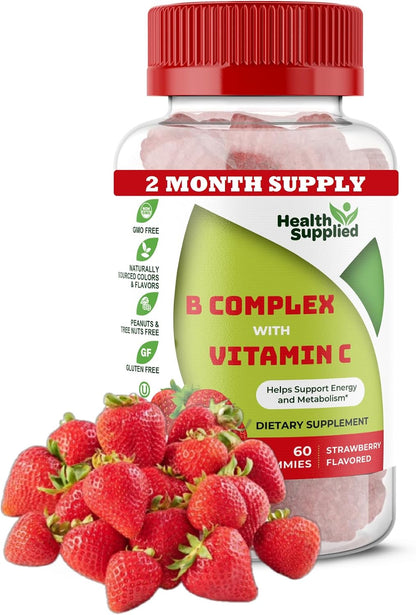 Strawberry Flavoured Vitamin B Complex Gummies – B Complex with Vitamin C – Helps Support Normal Nervous System Function and Energy Levels – Assists Normal Cognitive Function – Great Tasting and Easy to Swallow