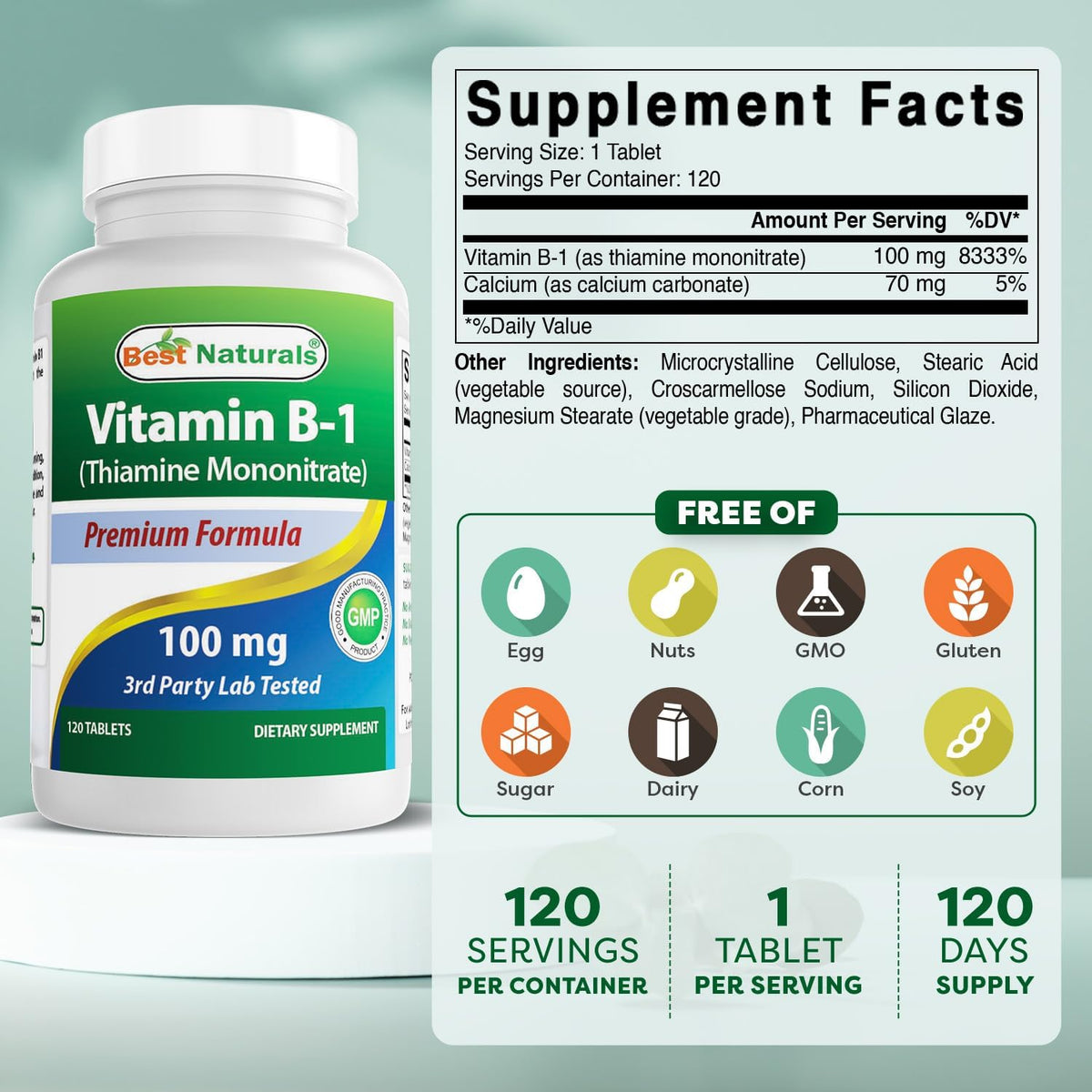 Best Naturals Vitamin B1 (Thiamine Mononitrate) 100 mg, 120 Tablets – Image 2