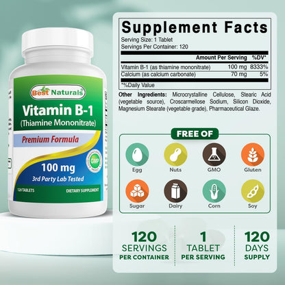 Best Naturals Vitamin B1 (Thiamine Mononitrate) 100 mg, 120 Tablets – Image 2