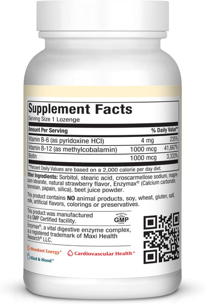 Maxi Health Triple B Lozenges - Vitamin B12 & B6 & Biotin - Strawberry Flavour - 90 Chewies - Kosher
