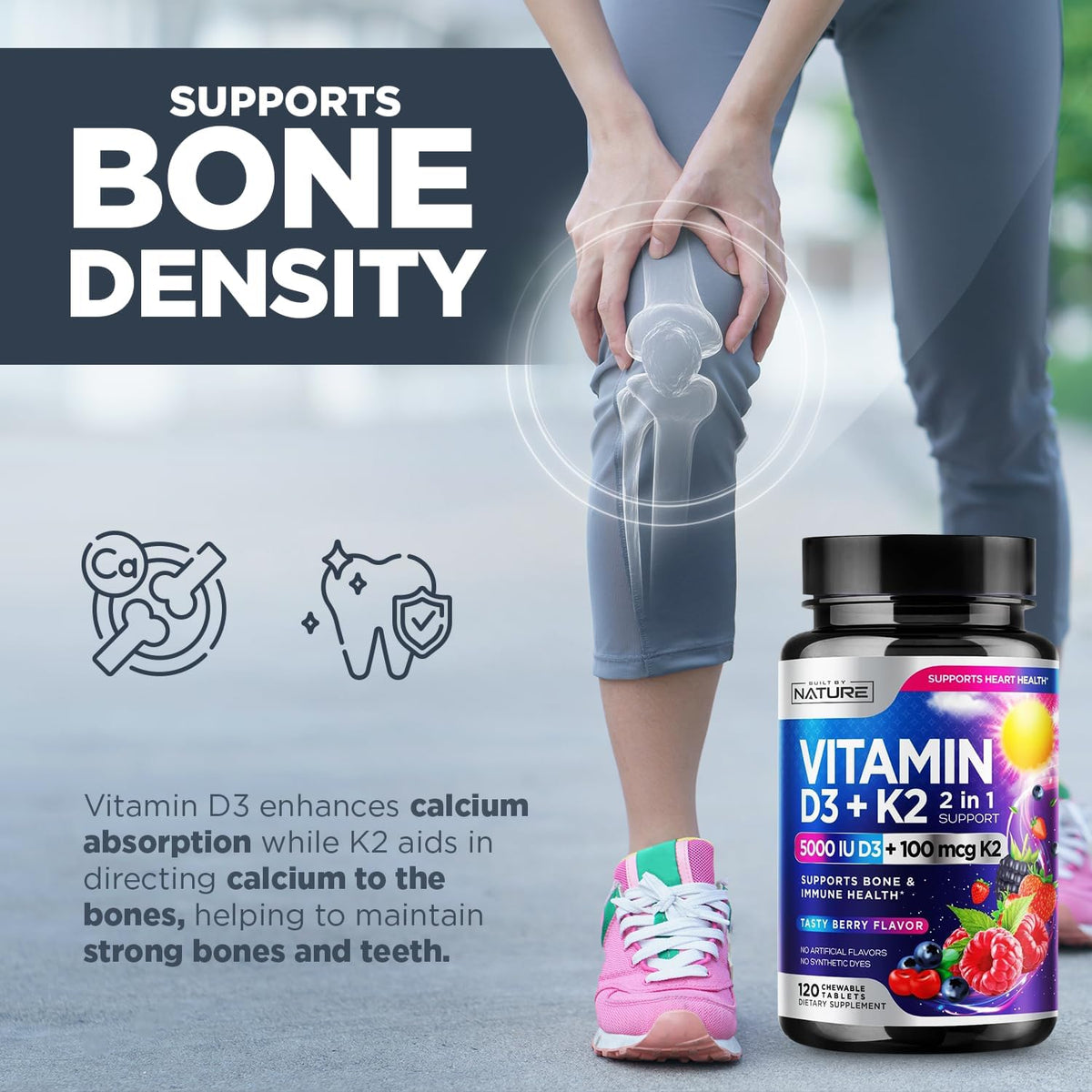 Vitamin D3 K2 Chewable, 5000 IU & K2 MK-7 100 mcg, 120 Tablets | 2-in-1 Supplement for Immune, Heart & Bone Support, Non-GM, Berry Flavour - görsel 9