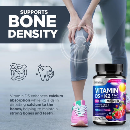 Vitamin D3 K2 Chewable, 5000 IU & K2 MK-7 100 mcg, 120 Tablets | 2-in-1 Supplement for Immune, Heart & Bone Support, Non-GM, Berry Flavour