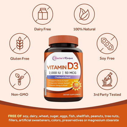 Doctor's Recipes Vitamin D3 2000 IU, Cholecalciferol, 120 Soft gel capsules, Non-GMO, Bone & Immune Support