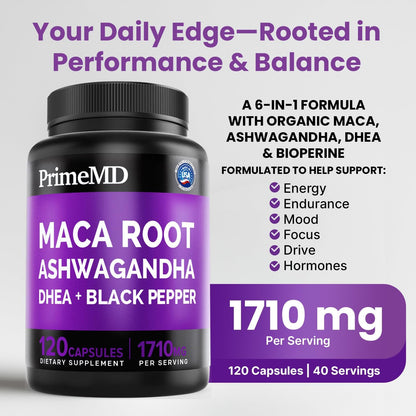 6-in-1 Organic Maca Root & Ashwagandha Capsules with DHEA and Black Pepper – 1710mg, 120 Capsules (Pack of 3)