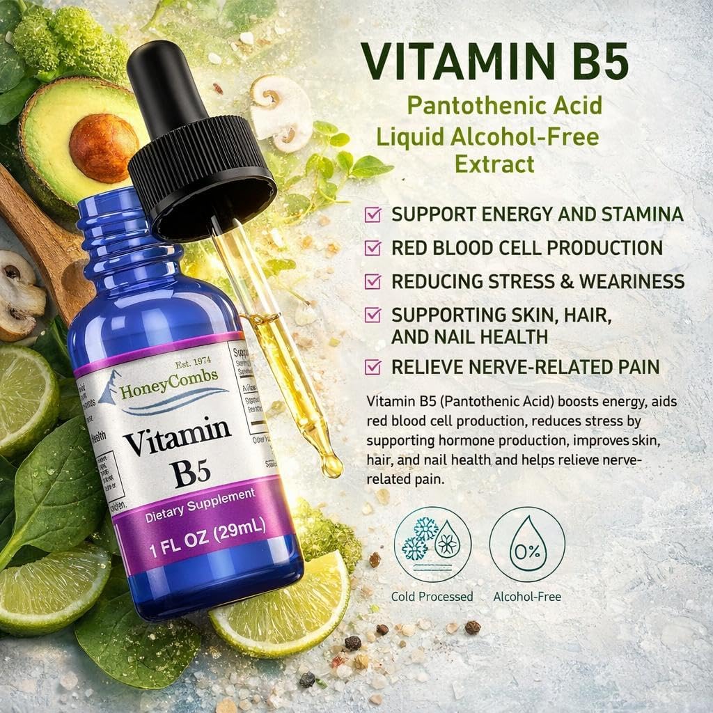 HoneyCombs Vitamin B5 Drops – Liquid Pantothenic Acid Supplement, Vegan, Fast Absorbing, 50 mg per Serving (500% NRV) - görsel 5