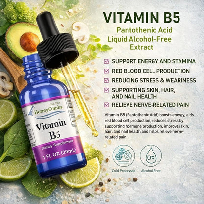 HoneyCombs Vitamin B5 Drops – Liquid Pantothenic Acid Supplement, Vegan, Fast Absorbing, 50 mg per Serving (500% NRV)
