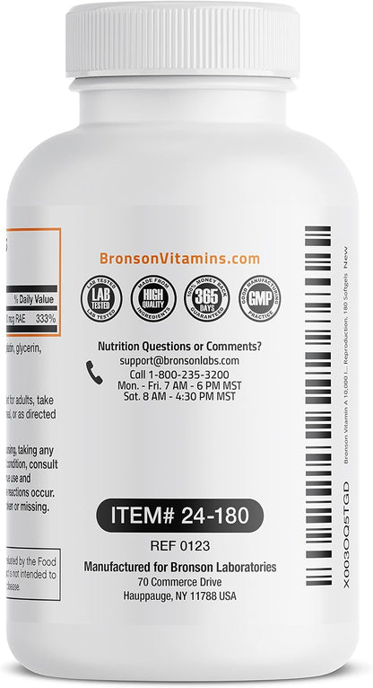 Bronson Vitamin A 10,000 IU Premium Non-GMO Formula, 180 Soft gel capsules