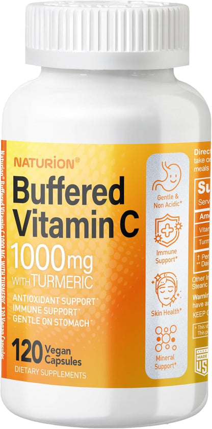 Buffered Vitamin C 1000 mg with Organic Turmeric - Supports Immune Function, Antioxidant, Healthy Skin & Joints - 180 Vegan Capsules