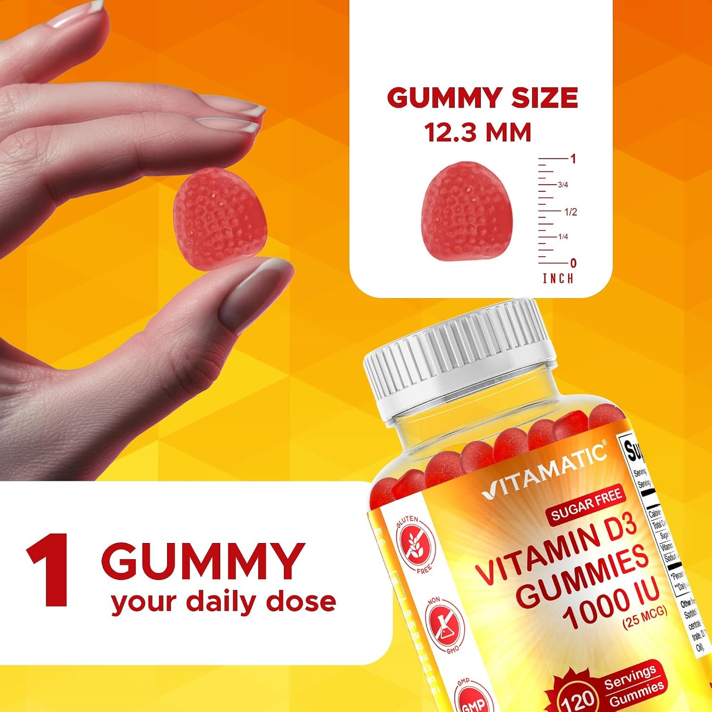 Vitamatic Sugar Free Vitamin D3 Gummies - 1000 IU - Pectin Based - Non-GMO - 120 Gummies - görsel 3