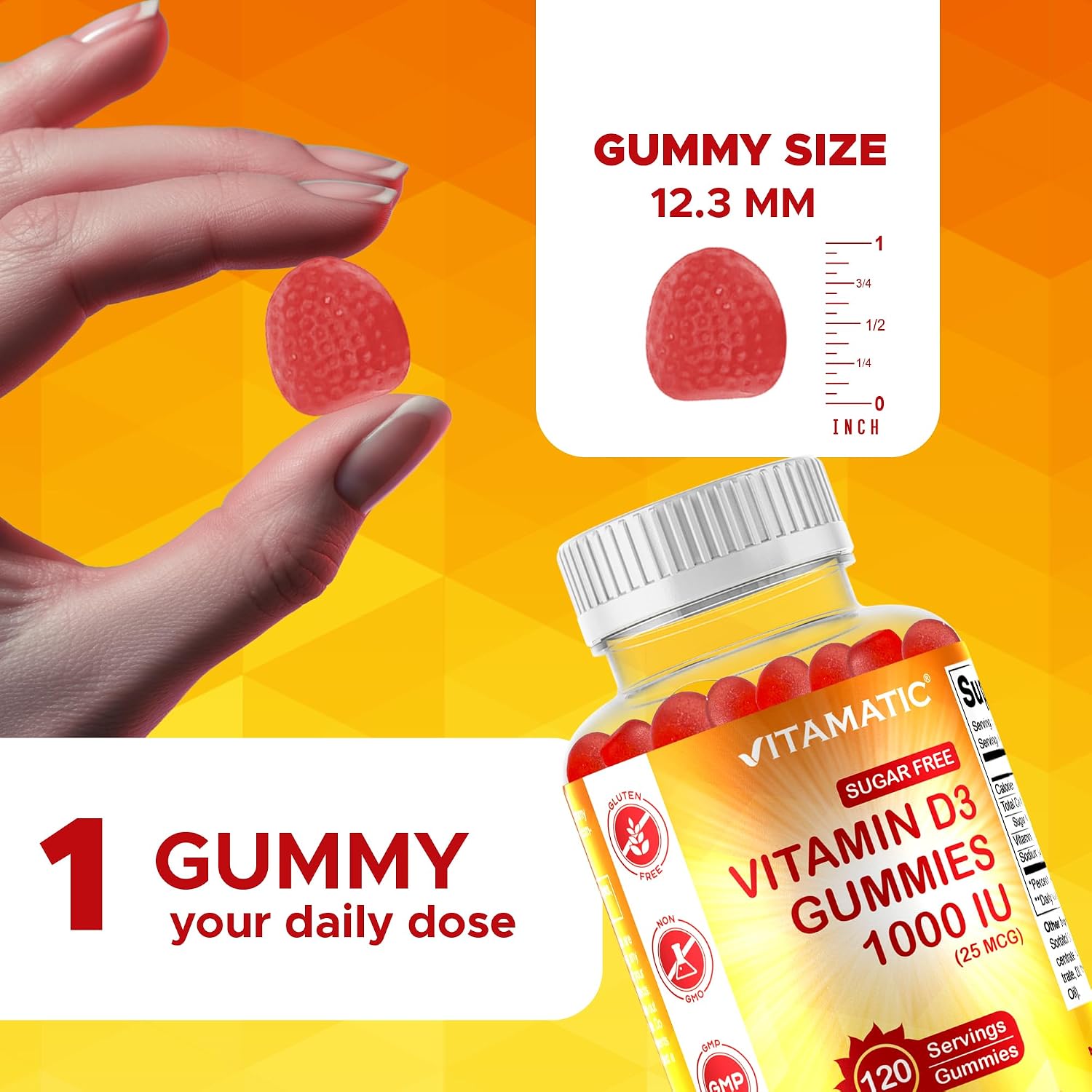 Vitamatic Sugar Free Vitamin D3 Gummies - 1000 IU - Pectin Based - Non-GMO - 120 Gummies - görsel 3