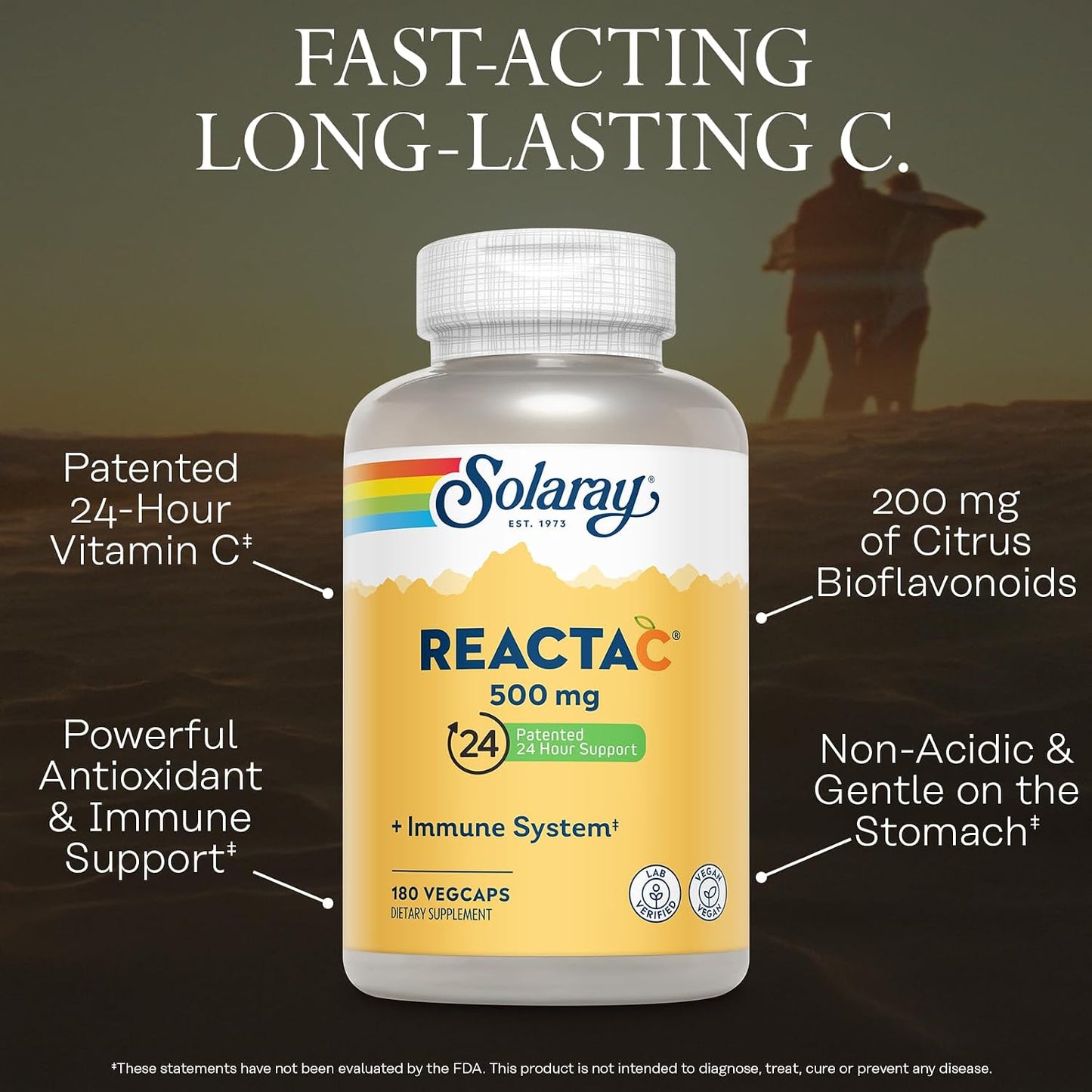 SOLARAY ReactaC Vitamin C 500mg – Patented 24-Hour Immune Support with Bioflavonoids and Rutin – Vegan, 180 Capsules - görsel 3