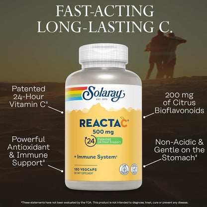 SOLARAY ReactaC Vitamin C 500mg – Patented 24-Hour Immune Support with Bioflavonoids and Rutin – Vegan, 180 Capsules