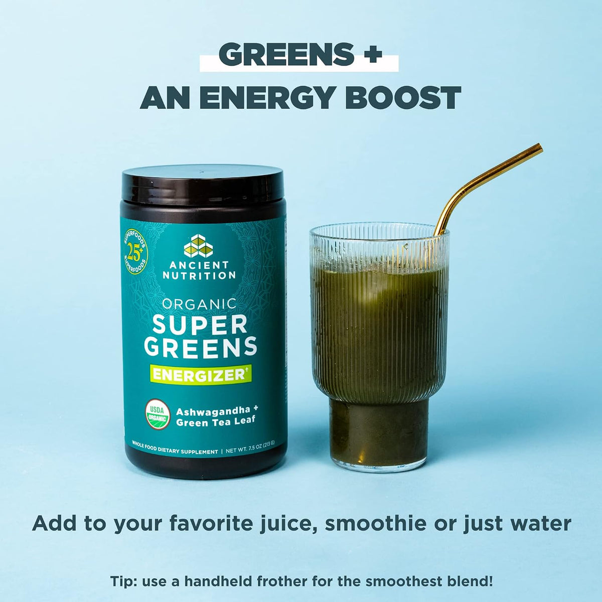 Ancient Nutrition Organic SuperGreens Energiser Powder with Probiotics and B12, Made from Real Fruits, Vegetables and Herbs, for Digestive, Detoxification and Energy Support, 25 Servings - görsel 5