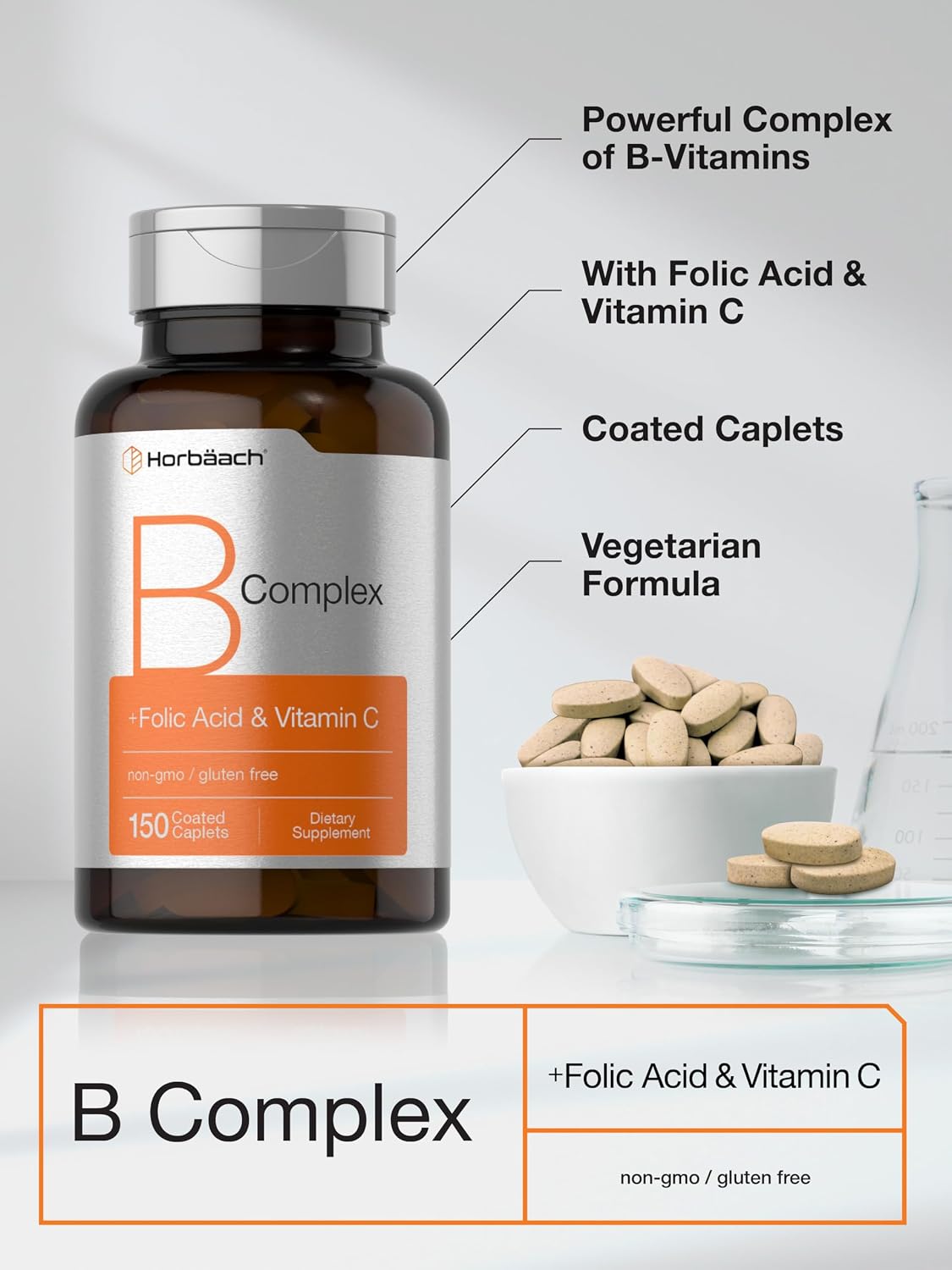 Horbaach B Complex Vitamins – High Strength with Folic Acid & Vitamin C, 150 Caplets - görsel 4