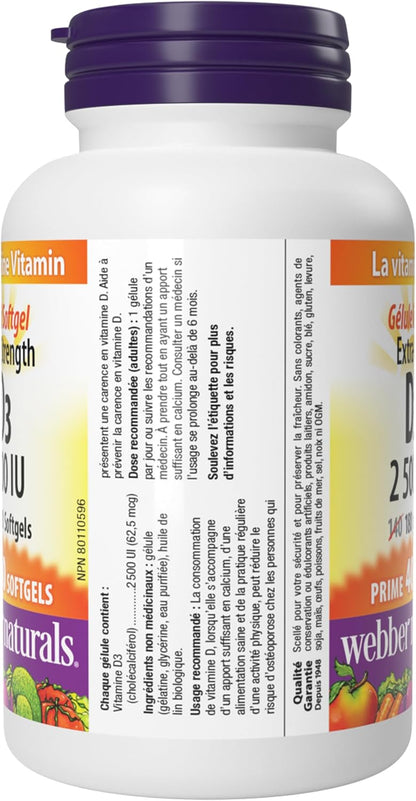 Webber Naturals Vitamin D3 2,500 IU Extra Strength, 180 Softgels