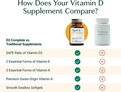 ALGAECAL D3 Complete - Vitamin D3, K2, A & E Food Supplement for Immune and Bone Health, 60 Softgels